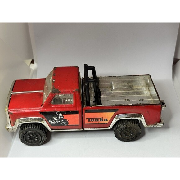 Tonka VTG Pick Up Truck Roll Bar Dirt Bike motorcycle hauler USA TOY red steel - Picture 1 of 10